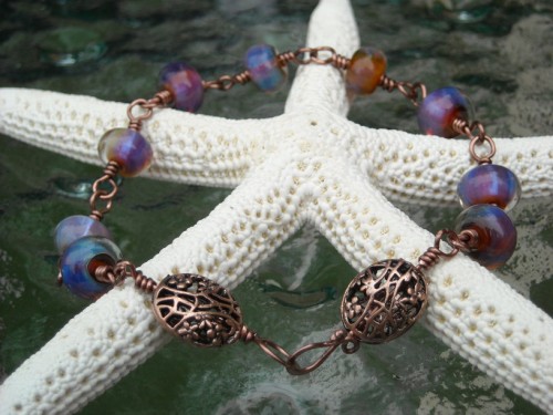 Wire Wrapped Lampwork Bead Bracelet in Fall Colors
